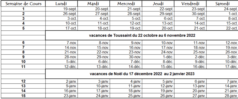 Planning du 1er semestre