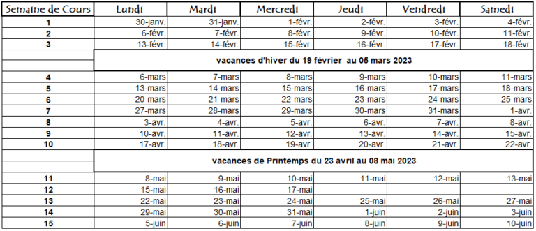 Planning du 2e semestre