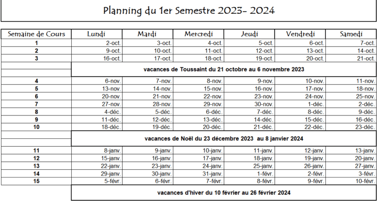 Planning 1er semestre