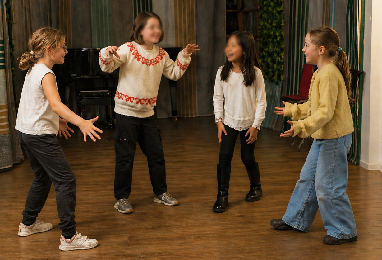 enfants en cours de théâtre à Paris faisant un exercice de jeu en groupe