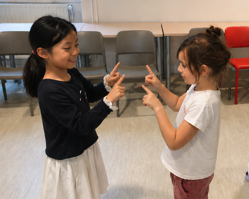 Enfants en cours d’éveil théâtral à Paris réalisant un exercice d’écoute en duo avec les doigts