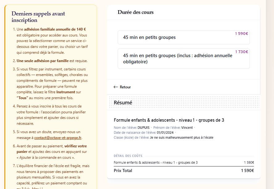 Écran de sélection de la durée et du tarif dans l'outil d'inscription