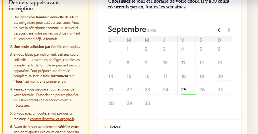 Écran de sélection du créneau horaire dans l'outil d'inscription