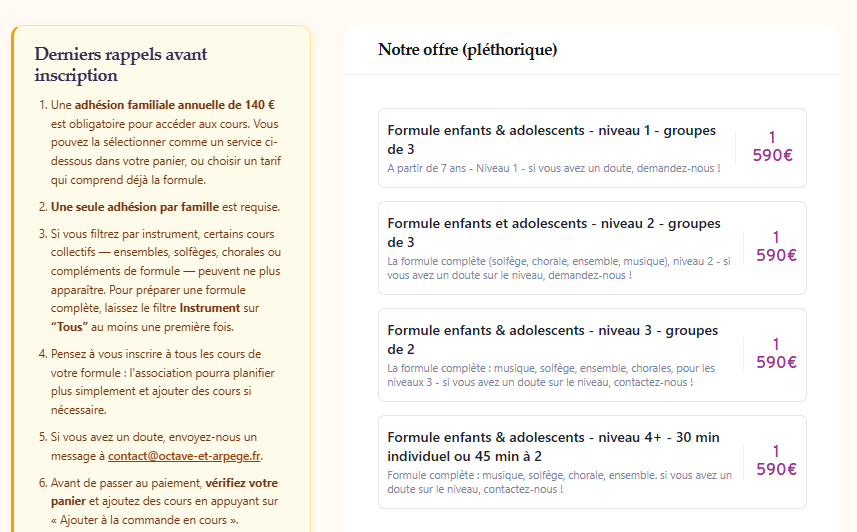 Écran de sélection du niveau dans l'outil d'inscription