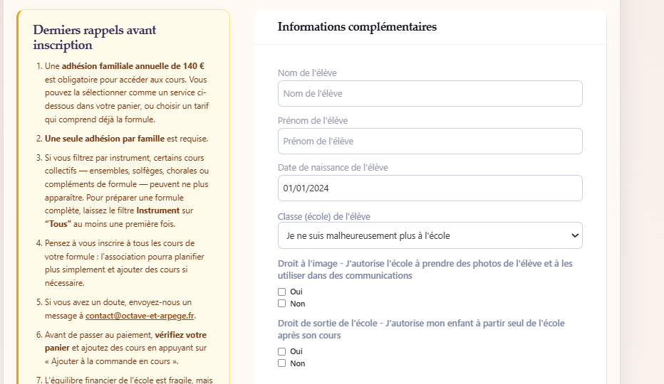 Écran de saisie des informations sur l'élève dans l'outil d'inscription