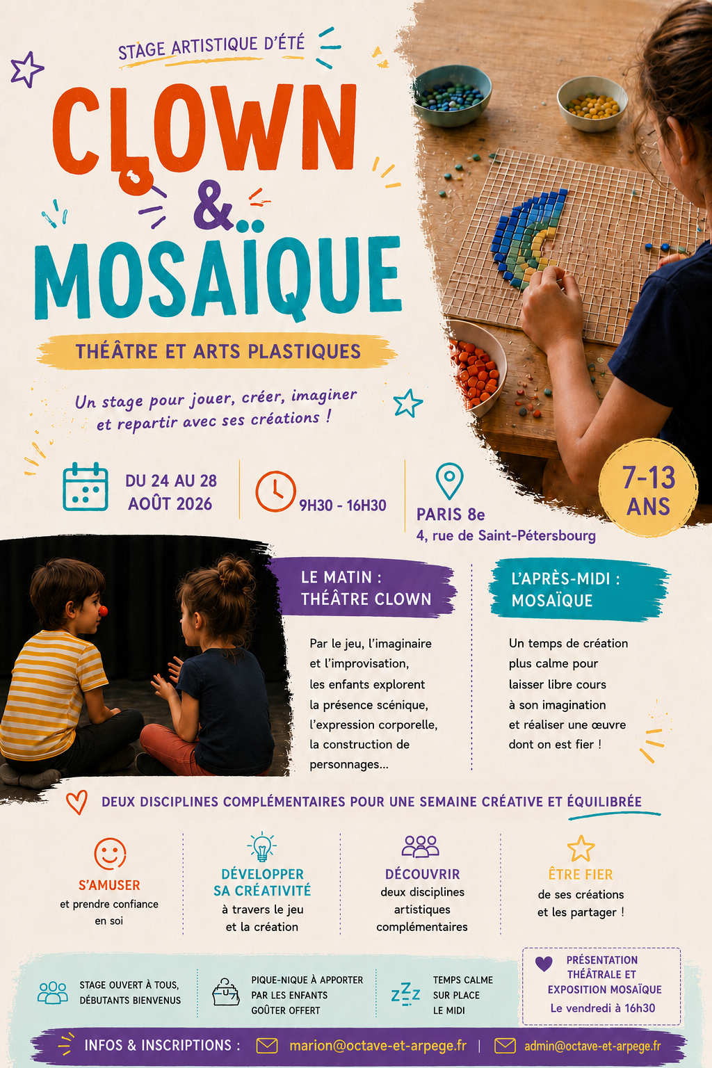 Affiche du Stage Clown et Mosaïque, du 24 au 28 août 2026