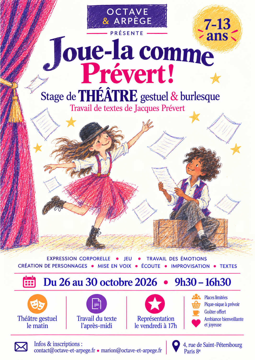 Affiche du stage de théâtre gestuel, poétique et burlesque, du 26 au 30 octobre 2026