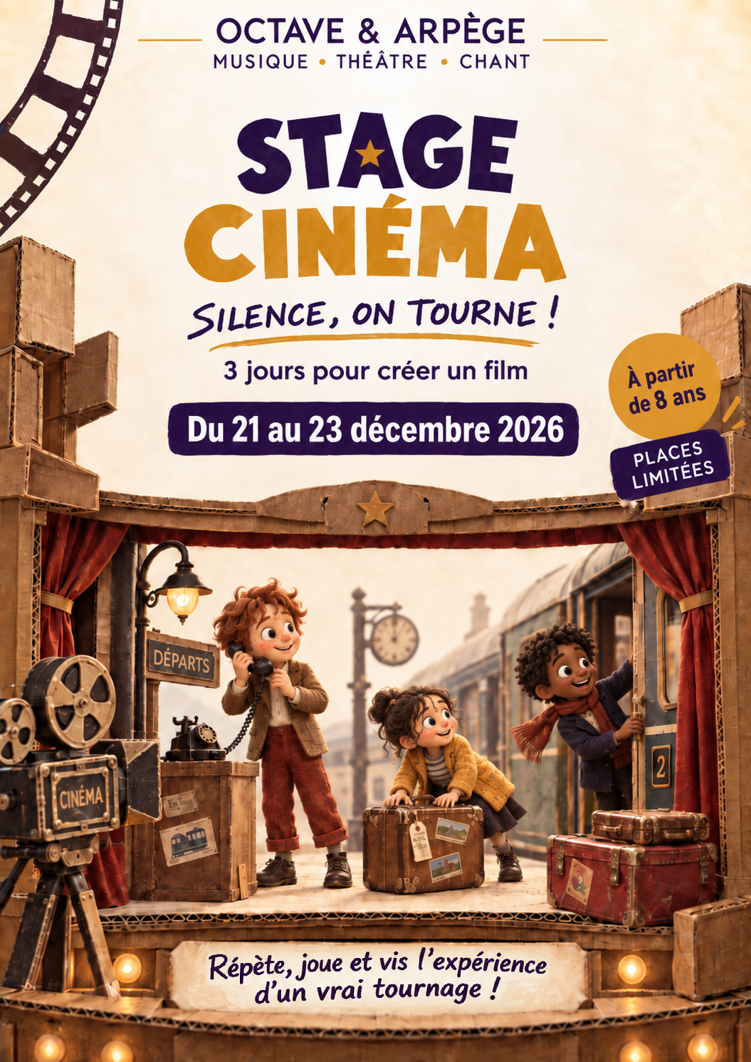 Affiche du stage cinéma « Silence, on tourne ! », du 21 au 23 décembre 2026