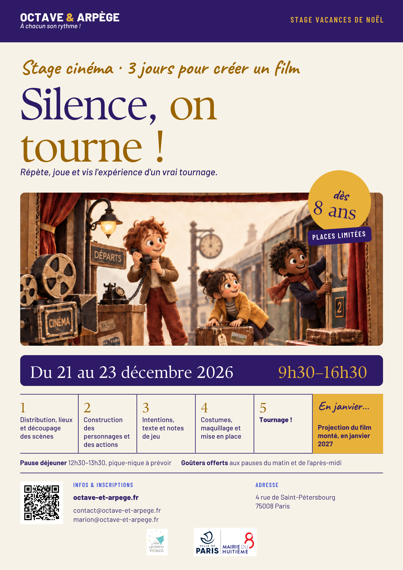 Affiche du stage cinéma « Silence, on tourne ! », du 21 au 23 décembre 2026