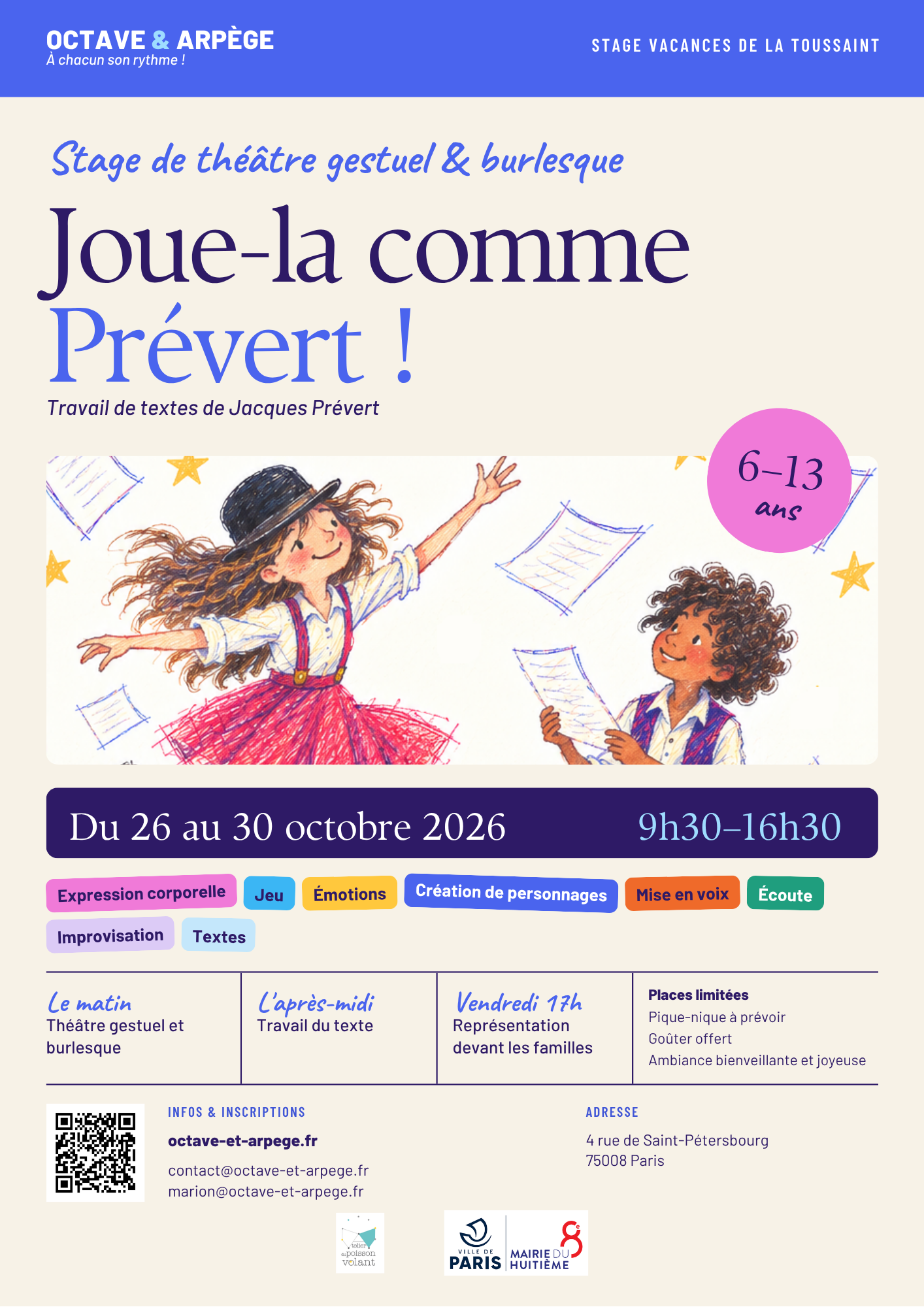 Affiche du stage de théâtre gestuel et burlesque « Joue-la comme Prévert ! », pour les 6–13 ans, du 26 au 30 octobre 2026